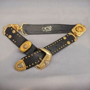 Vintage 90s Cache Black Leather Belt, Gold Studded Mob Wife Style. 24"-28" Small